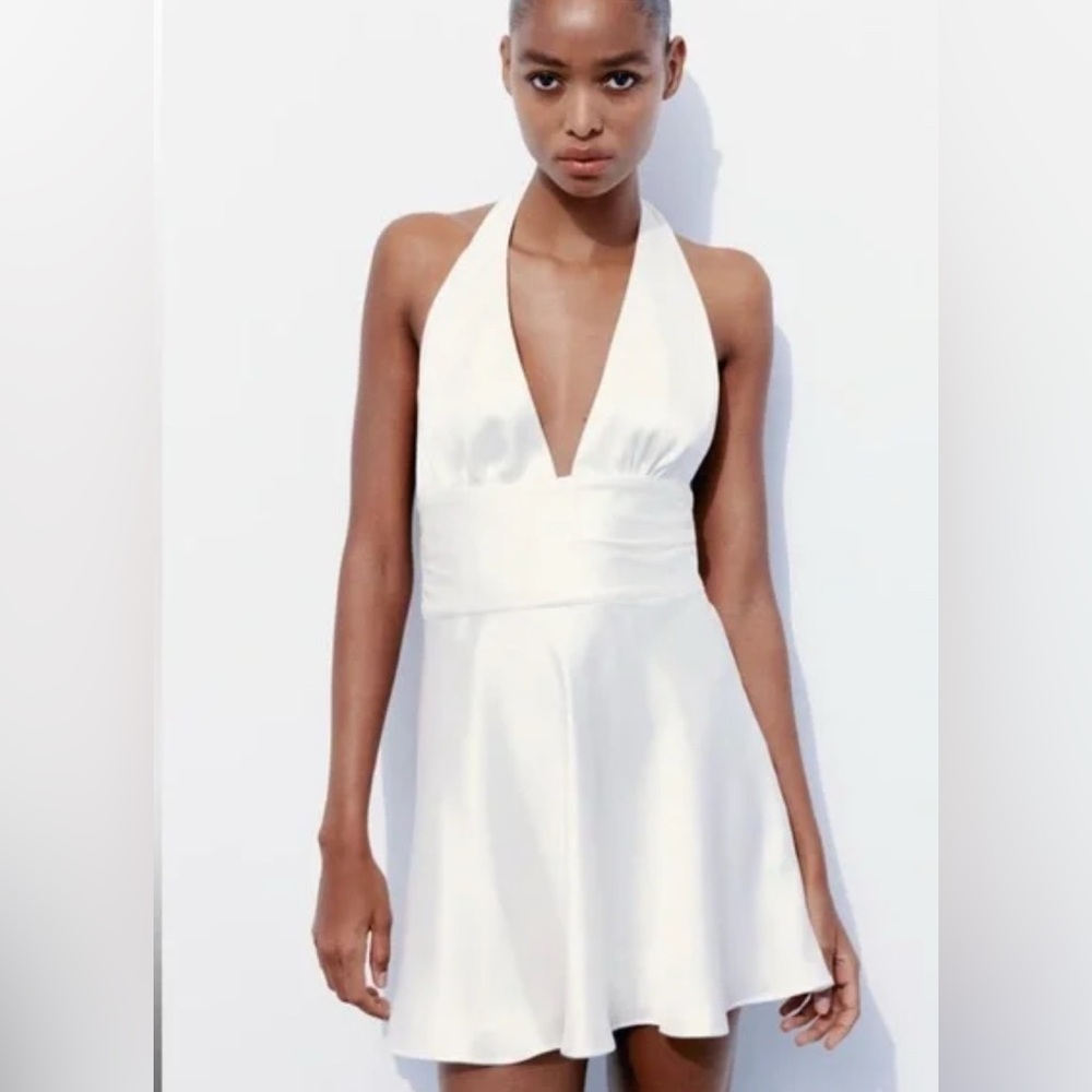 Zara satin effect white halter mini dress